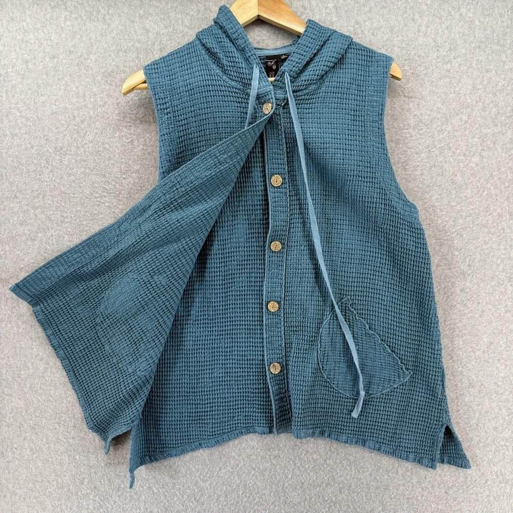 Focus Casual Life Vest Womens Large Aqua Blue Sleeveless Button Hooded Lagenlook